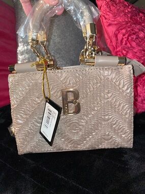 bebe Textured Taupe Mini Shoulder Bag with Gold B Hardware